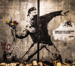 Banksy - Flower Thrower, revolutionary violence against pacifist fervour, 2003, exhibition The