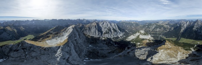 Aerial view, Alpine panorama of the Gamsjoch group, Eng valley, Karvendel, Tyrol, Austria, Europe