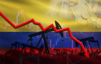 Petrol crisis with Colombia flag on financial graph. Fall oil price with flag of Colombia on