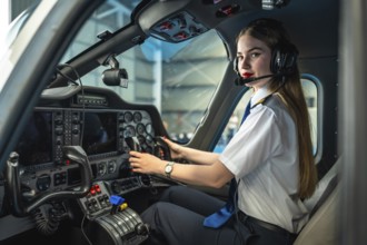 Young woman pilot sitting in the cockpit of a modern aircraft, adjusting controls and preparing for