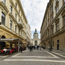 Tourists in Zrínyi Street, Basilica at the end of the pedestrian zone, St Stephen's Basilica,