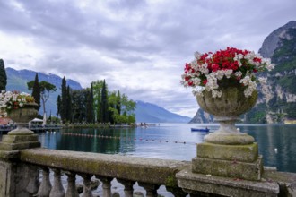Flower amphora, Punta Lido, promenade, spa gardens, Riva del Garda, Lake Garda, Trentino,