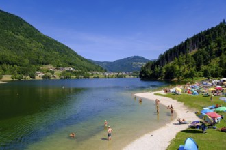 Bathing beach at Lago delle Piazze, reservoir, Val di Pine, Cembra Valley, Val di Cembra, Trentino,