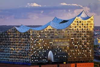 View of the Elbphilharmonie in the evening light from the St Nikolai memorial, Hamburg, Germany,