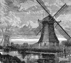 Windmills for draining the polder, around 1870, Netherlands, digital reproduction of a historical