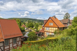 Lock system of the Werra with lock house, old fishermen's settlement, Bad Sooden, Allendorf,