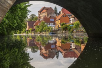 View through the Werra bridge to the old fishermen's settlement along the Werra, Bad Sooden,