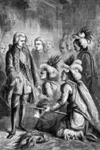 A visiting group of Indians from the North American colonies at the court of George III in London,