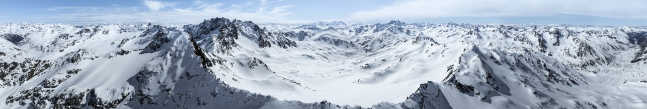 Alpine panorama, aerial view in winter at Piz Grialetsch, Albula Alps, Rhaetian Alps, Grisons,