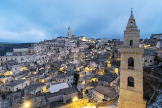Panoramic View of Sassi di Matera at night, Sasso Barisano, Basilicata, Italy, Europe