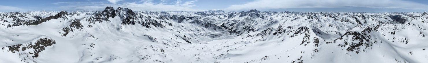 Alpine panorama, aerial view in winter, Albula Alps, Rhaetian Alps, Grisons, Eastern Switzerland,