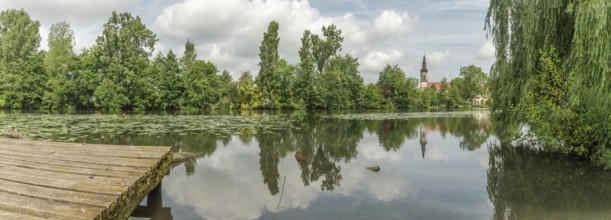 A lake with a tree in the background. The water is calm and still. A building can be seen in the