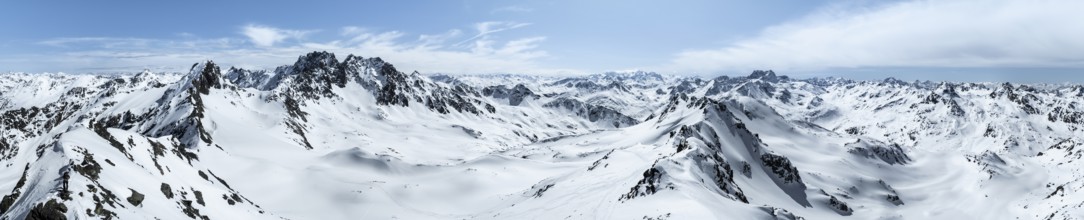 Alpine panorama, aerial view in winter, Albula Alps, Rhaetian Alps, Grisons, Eastern Switzerland,
