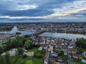 Twilight over Libourne from a drone, Gironde, Nouvelle-Aquitaine, Saint-Émilion and Pomerol,