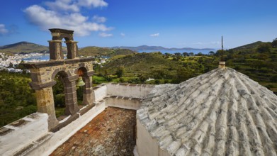 View from the roof with a view of the bell tower and landscape towards the blue sea, Monastery of