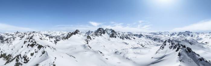 Alpine panorama, aerial view in winter at Piz Grialetsch, Albula Alps, Rhaetian Alps, Grisons,