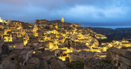 View of Matera by night, Sasso Caveoso, Basilicata, Italy, Europe