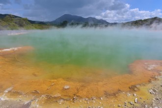 A geothermal area with steaming water and blue skies, Champagne Pool thermal lake, Wai-O-Tapu