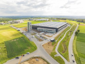 Large industrial building surrounded by fields and roads in a rural area, ING Park development