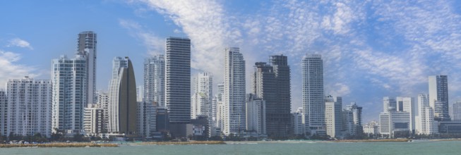 Colombia, scenic Cartagena bay Bocagrande and panorama of financial and business city skyline,