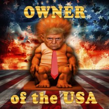 Symbolic image, Trump as gnomish owner of the USA, tront on high chair, Bitcoin king, kleptocracy,