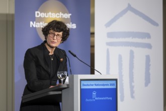 Özlem Türeci (founder of Biontech SE) gives an acceptance speech after receiving the German