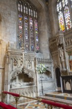 Stained glass windows and memorial tombs in chancel of Church of Saint Mark, Bristol, England, UK