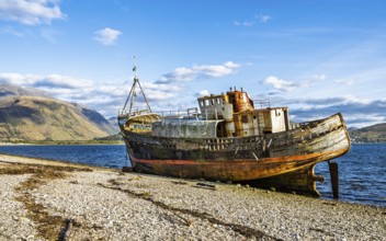 Corpach Wreck or Old Boat of Caol and Nevis Range Mountains, Caol Beach, Corpach, Fort William,