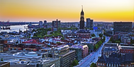 City view from above with the harbour and the main church St. Michaelis at atmospheric sunset,