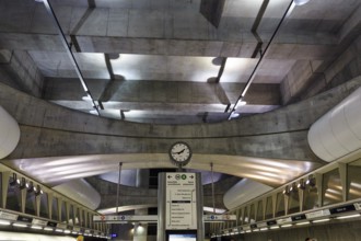 Underground station, railway station clock, modern architecture, Budapest, Hungary, Europe