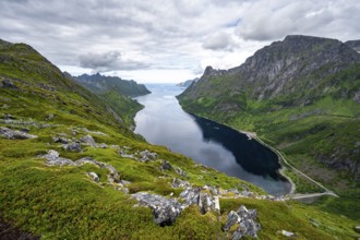 View of Øyfjorden fjord and mountains, fjord landscape with mountain peaks, hike to Barden