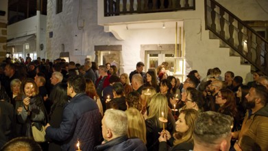 Good Friday, Church of Agios Ioannis Prodromos, Churchgoers, Large crowd with candles at a