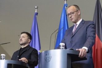 Berlin, Germany - 28.5.2025: Volodymyr Zelensky (President of Ukraine, l.) and Friedrich Merz