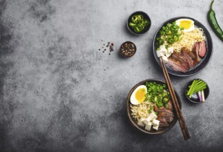 Two bowls of tasty Asian noodle soup ramen with broth, tofu, pork, egg on grey rustic concrete