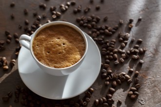 Cup of coffee cappuccino and coffee beans on the brown stone background