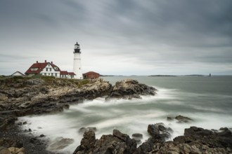 USA - 1 October 2016: Portland Headlight on the coast of Maine on a stormy and overcast day