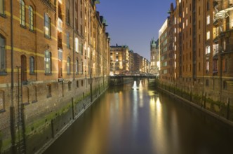 Old warehouses in the Speicherstadt in Hamburg by night