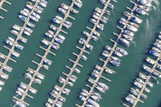 Overhead view of a marina on the Oregon coast