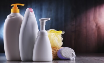 Plastic contaiers of shampoos and shower gels