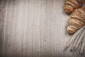 Golden wheat rye ears croissants on wooden board copyspace