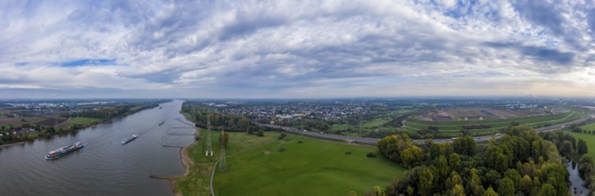 Panoramic view on riverboats on the Rhine. Aerial photography by drone