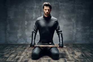 Warrior man sitting on floor posing with a sword over black background