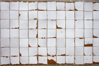 An old white obsolete and damaged tiled wall, good as a texture or background design element