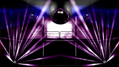 Night club interior with colorful spot lights, lasers and shining mirror disco balls artistic light
