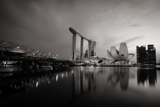 Marina Bay Sand area and Helix Bridge at dusk on a clear day on November 24th 2019