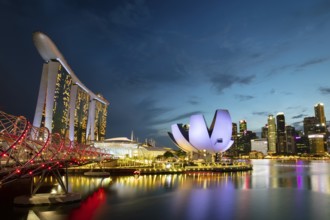 Marina Bay Sand area and Helix Bridge at dusk on a clear day on November 24th 2019