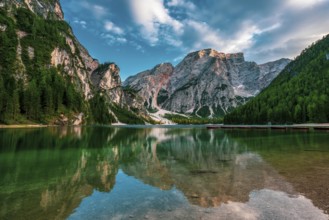 Lake Prags and Seekofel seen from the bay. Italy