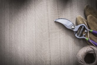 Brown leather gardening gloves secateurs and rope on wooden board copy space image agriculture