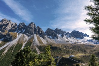 View at the Senders valley and Adolf Pichler mountain hut near Kemater Alm in Austria with high