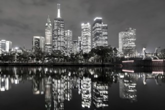 Melbourne, Australia, April 24, 2015: Skyline view over the Yarra River in black and white, Oceania